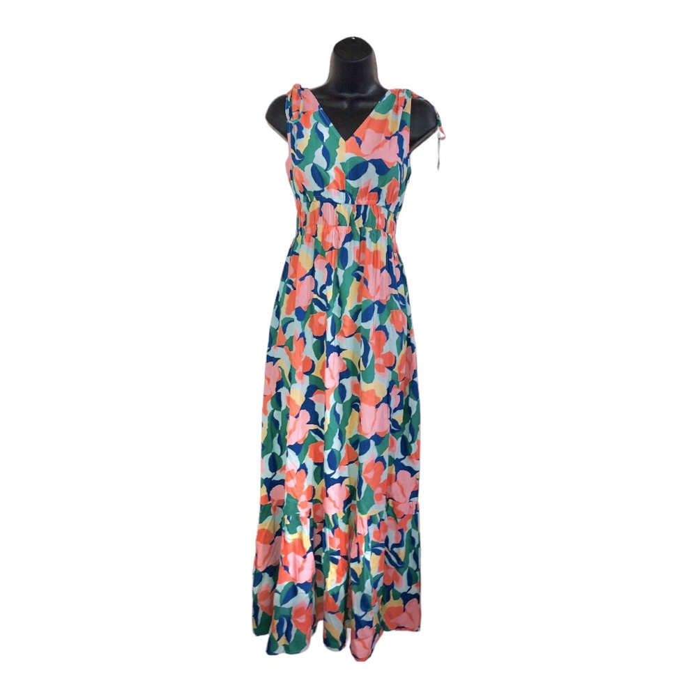 Jessica Simpson beautiful v-front shoulder tie smocked waist tiered maxi large